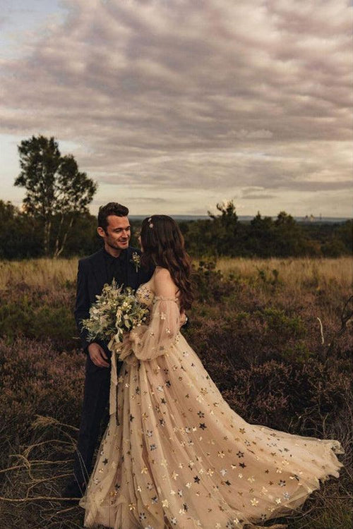 Vestidos de novia corte A con escote corazón, lentejuelas y encaje, mangas desmontables WD596