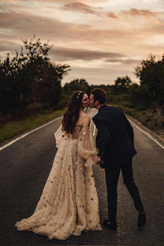 Vestidos de novia corte A con escote corazón, lentejuelas y encaje, mangas desmontables WD596