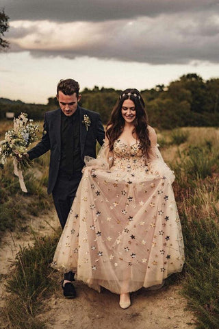 Vestidos de novia corte A con escote corazón, lentejuelas y encaje, mangas desmontables WD596