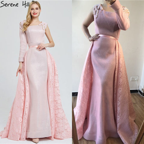 Robe de soirée asymétrique rose à perles style sirène, style vintage, sans retour ni remboursement, modèle Du Bai Design, 2025, photo réelle, LA60929 