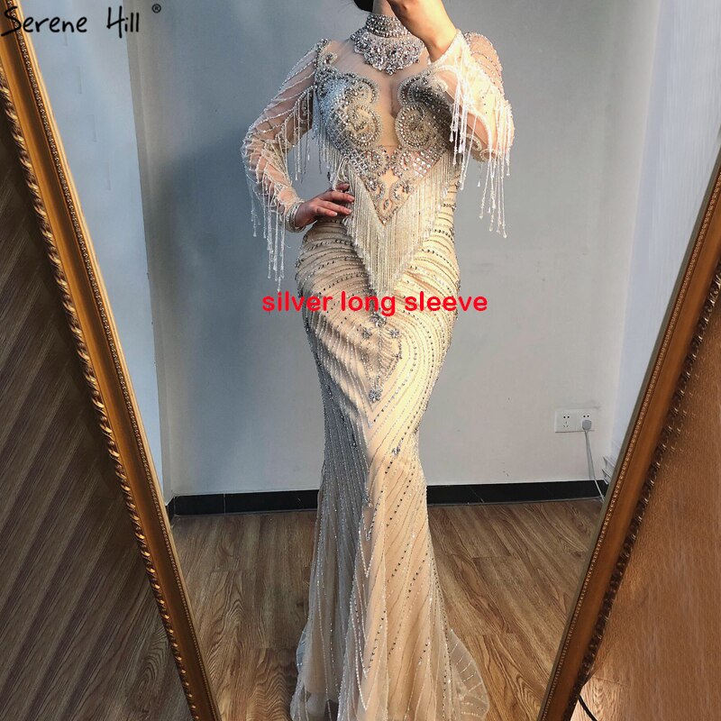Dubai Beading Tassel Luxury Sexy Evening Dresses 2025 Silver Sleeveless High-end Evening Gowns LA60811