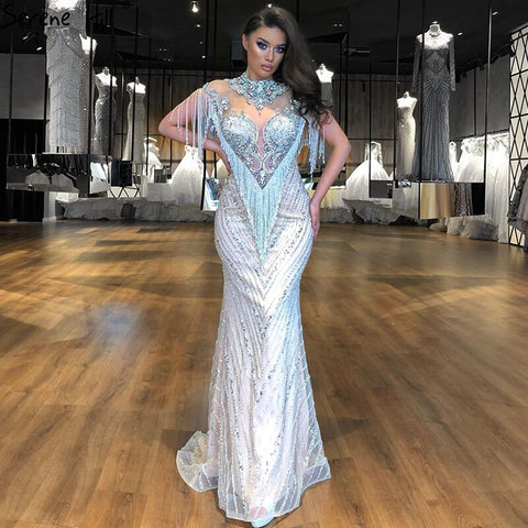 Dubai Beading Tassel Luxury Sexy Evening Dresses 2025 Silver Sleeveless High-end Evening Gowns LA60811