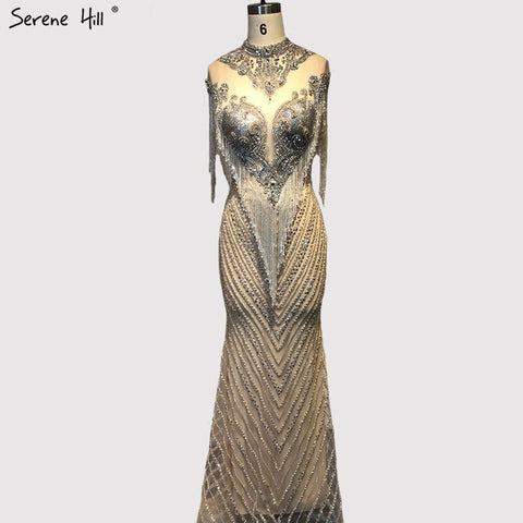 Dubai Beading Tassel Luxury Sexy Evening Dresses 2025 Silver Sleeveless High-end Evening Gowns LA60811