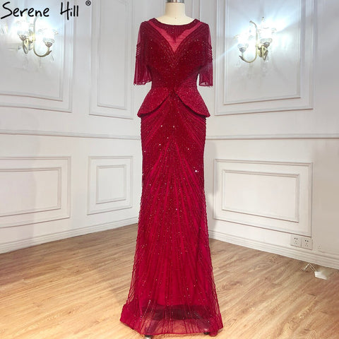 Vestido de noche de sirena con borlas y cuentas color beige de Dubái, diseño 2025, manga corta, vestido formal sexy de lujo LA70342 