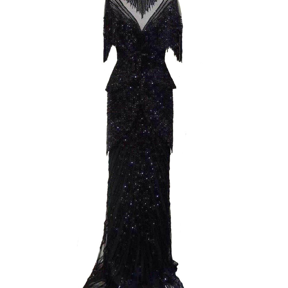 Dubai Beige Tassel Beading Mermaid Evening Dresses Design 2025 Half Sleeves Luxury Sexy Formal Dress LA70342