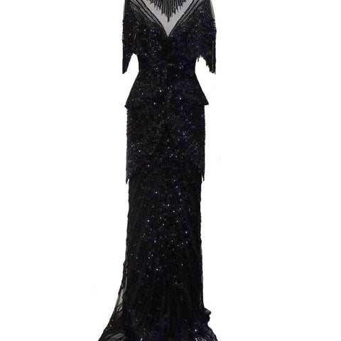 Vestido de noche de sirena con borlas y cuentas color beige de Dubái, diseño 2025, manga corta, vestido formal sexy de lujo LA70342 