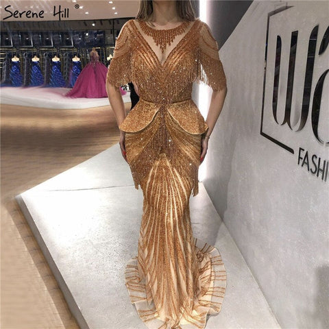 Vestido de noche de sirena con borlas y cuentas color beige de Dubái, diseño 2025, manga corta, vestido formal sexy de lujo LA70342 