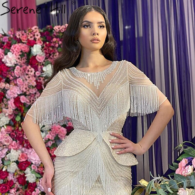 Dubai Beige Tassel Beading Mermaid Evening Dresses Design 2025 Half Sleeves Luxury Sexy Formal Dress LA70342