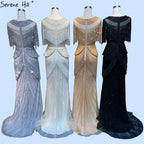 Dubai Beige Tassel Beading Mermaid Evening Dresses Design 2025 Half Sleeves Luxury Sexy Formal Dress LA70342