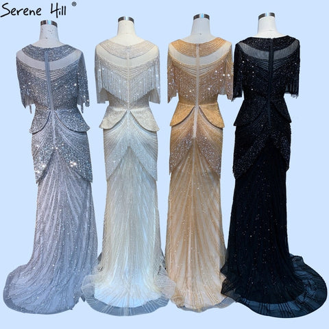 Vestido de noche de sirena con borlas y cuentas color beige de Dubái, diseño 2025, manga corta, vestido formal sexy de lujo LA70342 