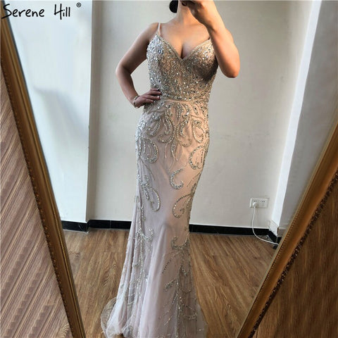 Vestido de noche de lujo, sexy y sexy con escote en V, estilo sirena, sin mangas, con cuentas de diamantes, de Dubai, colección 2025. Foto real LA70175 