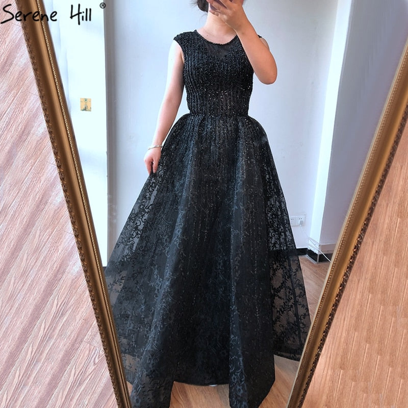 Dubai Blue A-Line Luxury Beading Evening Dresses 2025 O-Neck Crystal Sexy Formal Dress Long LA70552