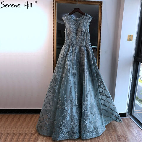 Robe de soirée luxueuse bleu Dubaï, coupe trapèze, perles, col rond, cristaux, sexy, longue, LA70552, 2025 