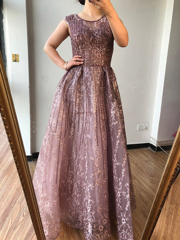 Robe de soirée luxueuse bleu Dubaï, coupe trapèze, perles, col rond, cristaux, sexy, longue, LA70552, 2025 