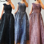 Dubai Blue A-Line Luxury Beading Evening Dresses 2025 O-Neck Crystal Sexy Formal Dress Long LA70552