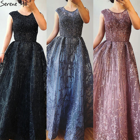 Robe de soirée luxueuse bleu Dubaï, coupe trapèze, perles, col rond, cristaux, sexy, longue, LA70552, 2025 