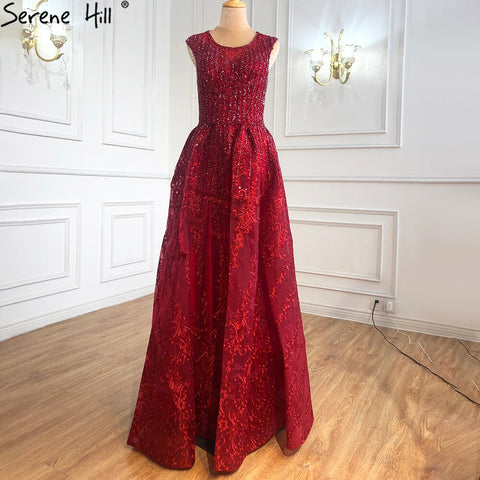 Robe de soirée luxueuse bleu Dubaï, coupe trapèze, perles, col rond, cristaux, sexy, longue, LA70552, 2025 