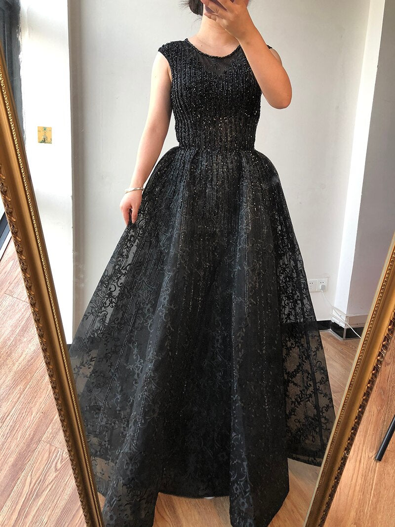 Dubai Blue A-Line Luxury Beading Evening Dresses 2025 O-Neck Crystal Sexy Formal Dress Long LA70552