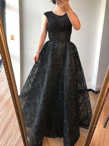 Robe de soirée luxueuse bleu Dubaï, coupe trapèze, perles, col rond, cristaux, sexy, longue, LA70552, 2025 