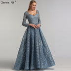 Dubai Blue Muslim  Lace  Beading Luxury Evening Dresses 2025 Long Plus Size Dress Evening Gowns LA60899  For Women