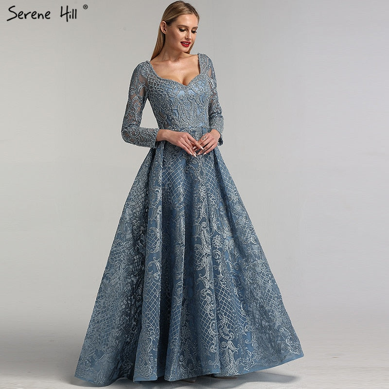 Dubai Blue Muslim  Lace  Beading Luxury Evening Dresses 2025 Long Plus Size Dress Evening Gowns LA60899  For Women