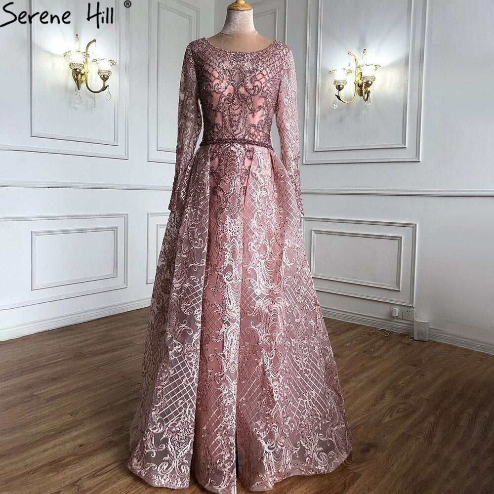 Dubai Blue Muslim  Lace  Beading Luxury Evening Dresses 2025 Long Plus Size Dress Evening Gowns LA60899  For Women
