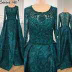 Dubai Blue Muslim  Lace  Beading Luxury Evening Dresses 2025 Long Plus Size Dress Evening Gowns LA60899  For Women