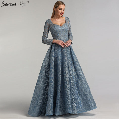 Dubai Blue Muslim  Lace  Beading Luxury Evening Dresses 2025 Long Plus Size Dress Evening Gowns LA60899  For Women