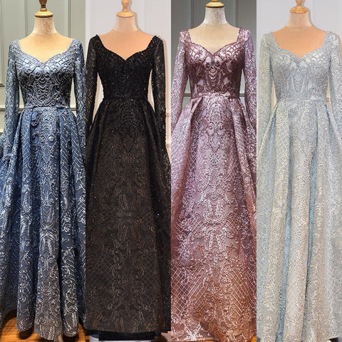 Dubai Blue Muslim  Lace  Beading Luxury Evening Dresses 2025 Long Plus Size Dress Evening Gowns LA60899  For Women
