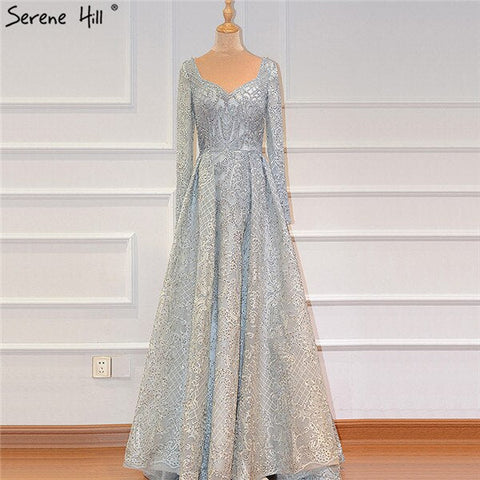 Dubai Blue Muslim  Lace  Beading Luxury Evening Dresses 2025 Long Plus Size Dress Evening Gowns LA60899  For Women