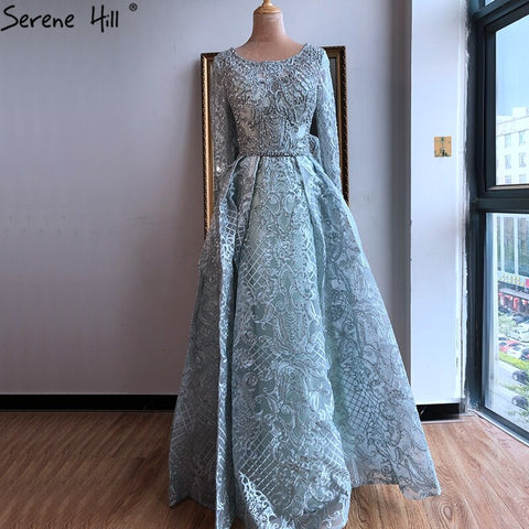 Dubai Blue Muslim  Lace  Beading Luxury Evening Dresses 2025 Long Plus Size Dress Evening Gowns LA60899  For Women