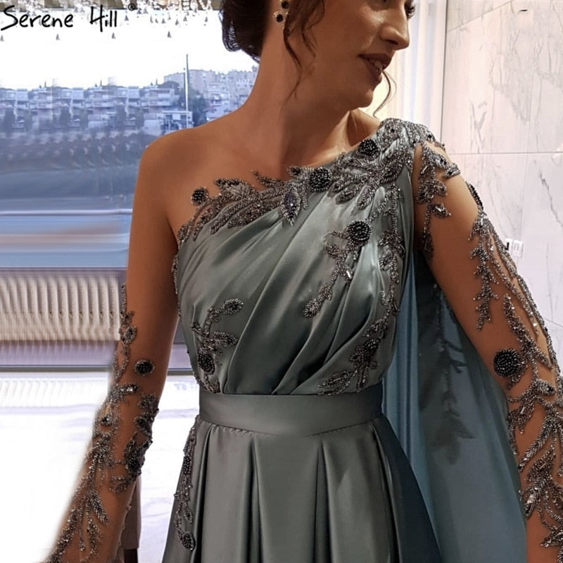 Dubai Blue O-Neck Beading Sexy Evening Dresses Design 2025 A-Line Satin Long Sleeves Formal Dress LA70505