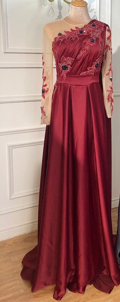 Dubai Blue O-Neck Beading Sexy Evening Dresses Design 2025 A-Line Satin Long Sleeves Formal Dress LA70505