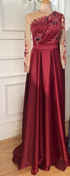 Dubai Blue O-Neck Beading Sexy Evening Dresses Design 2025 A-Line Satin Long Sleeves Formal Dress LA70505