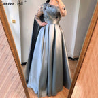 Dubai Blue O-Neck Beading Sexy Evening Dresses Design 2025 A-Line Satin Long Sleeves Formal Dress LA70505