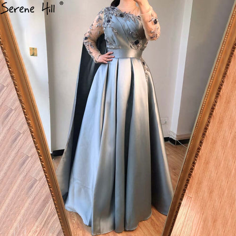 Dubai Blue O-Neck Beading Sexy Evening Dresses Design 2025 A-Line Satin Long Sleeves Formal Dress LA70505