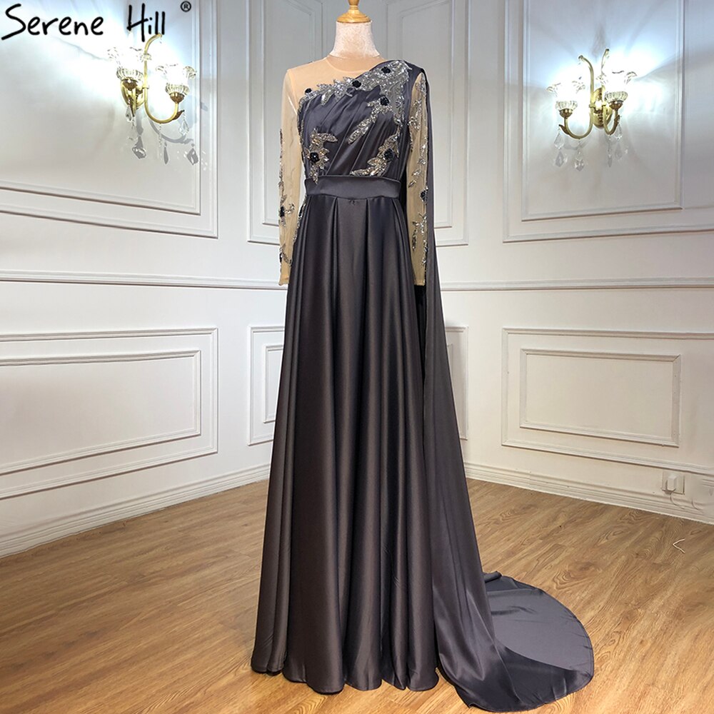 Dubai Blue O-Neck Beading Sexy Evening Dresses Design 2025 A-Line Satin Long Sleeves Formal Dress LA70505