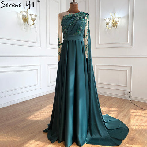 Dubai Blue O-Neck Beading Sexy Evening Dresses Design 2025 A-Line Satin Long Sleeves Formal Dress LA70505