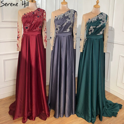 Dubai Blue O-Neck Beading Sexy Evening Dresses Design 2025 A-Line Satin Long Sleeves Formal Dress LA70505