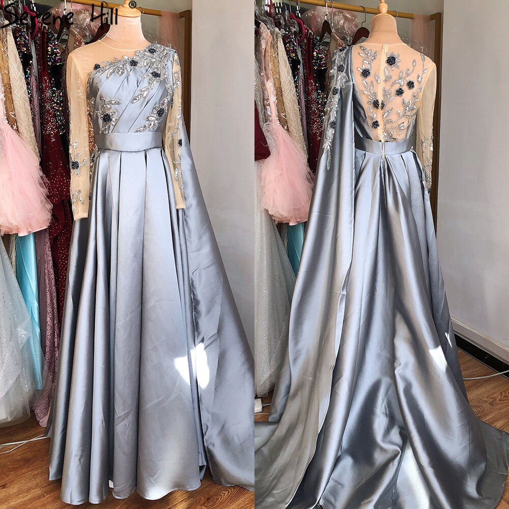 Dubai Blue O-Neck Beading Sexy Evening Dresses Design 2025 A-Line Satin Long Sleeves Formal Dress LA70505