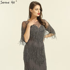On Sale no return no refundSale Dubai Champagne Langarm Sexy Abendkleider 2025 Perlen Quaste Elegante Meerjungfrau Formale Kleid LA6559