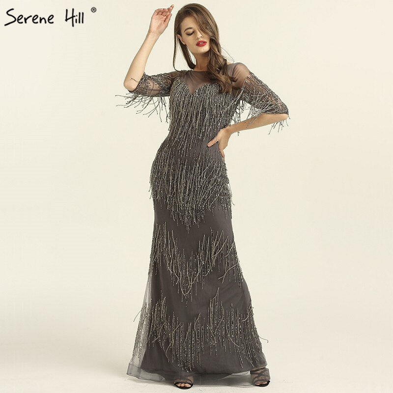 On Sale no return no refundSale Dubai Champagne Langarm Sexy Abendkleider 2025 Perlen Quaste Elegante Meerjungfrau Formale Kleid LA6559