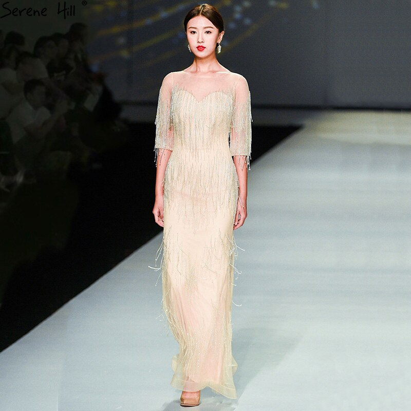 On Sale no return no refundSale Dubai Champagne Langarm Sexy Abendkleider 2025 Perlen Quaste Elegante Meerjungfrau Formale Kleid LA6559