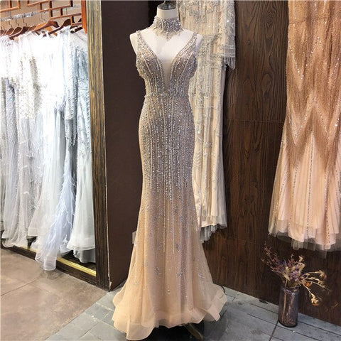 Robe de soirée sexy à col en V et manches courtes, style Dubaï, perles et diamants, modèle 2025, LA70055 