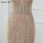 Dubai Champagne Pearls Diamond Formal Gowns Design 2025 V-Neck Sleeveless Sexy Evening Dresses LA70055