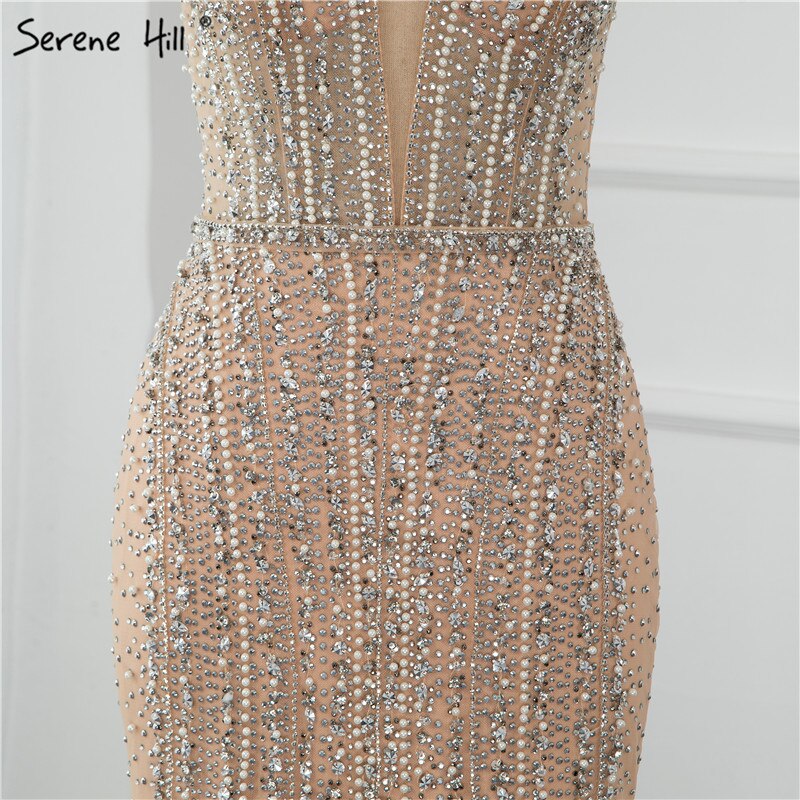 Dubai Champagne Pearls Diamond Formal Gowns Design 2025 V-Neck Sleeveless Sexy Evening Dresses LA70055