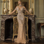 Dubai Champagne Pearls Diamond Formal Gowns Design 2025 V-Neck Sleeveless Sexy Evening Dresses LA70055