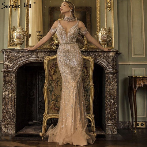 Robe de soirée sexy à col en V et manches courtes, style Dubaï, perles et diamants, modèle 2025, LA70055 