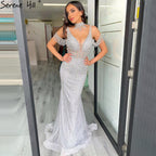 Dubai Champagne Pearls Diamond Formal Gowns Design 2025 V-Neck Sleeveless Sexy Evening Dresses LA70055