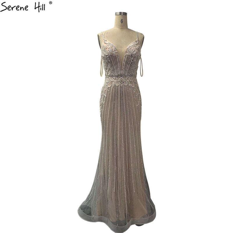 Dubai Champagne Sleeveless Mermaid Sexy Evening Dresses 2025 Beading Sequins Backless Formal Dress LA70400